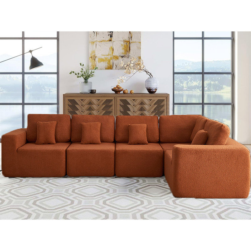 5 Seater L Shape Modular Sectional Couch Modern Sherpa Sectional Sofa Couch Sets for Living Room Latitude Run Body Fabric Orange Sherpa Fabric